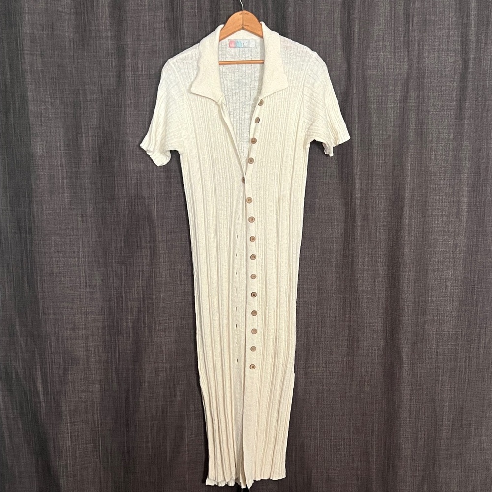 Free people beach short sleeve button down cream cardigan dress size medium